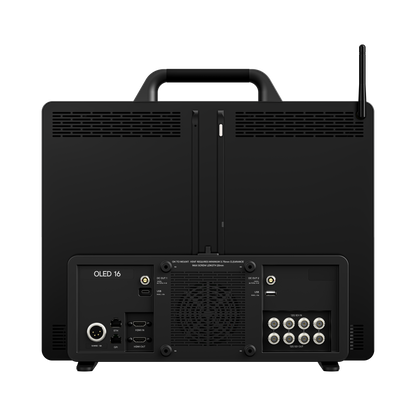 Back view of a black electronic device with connectivity ports on a white background
