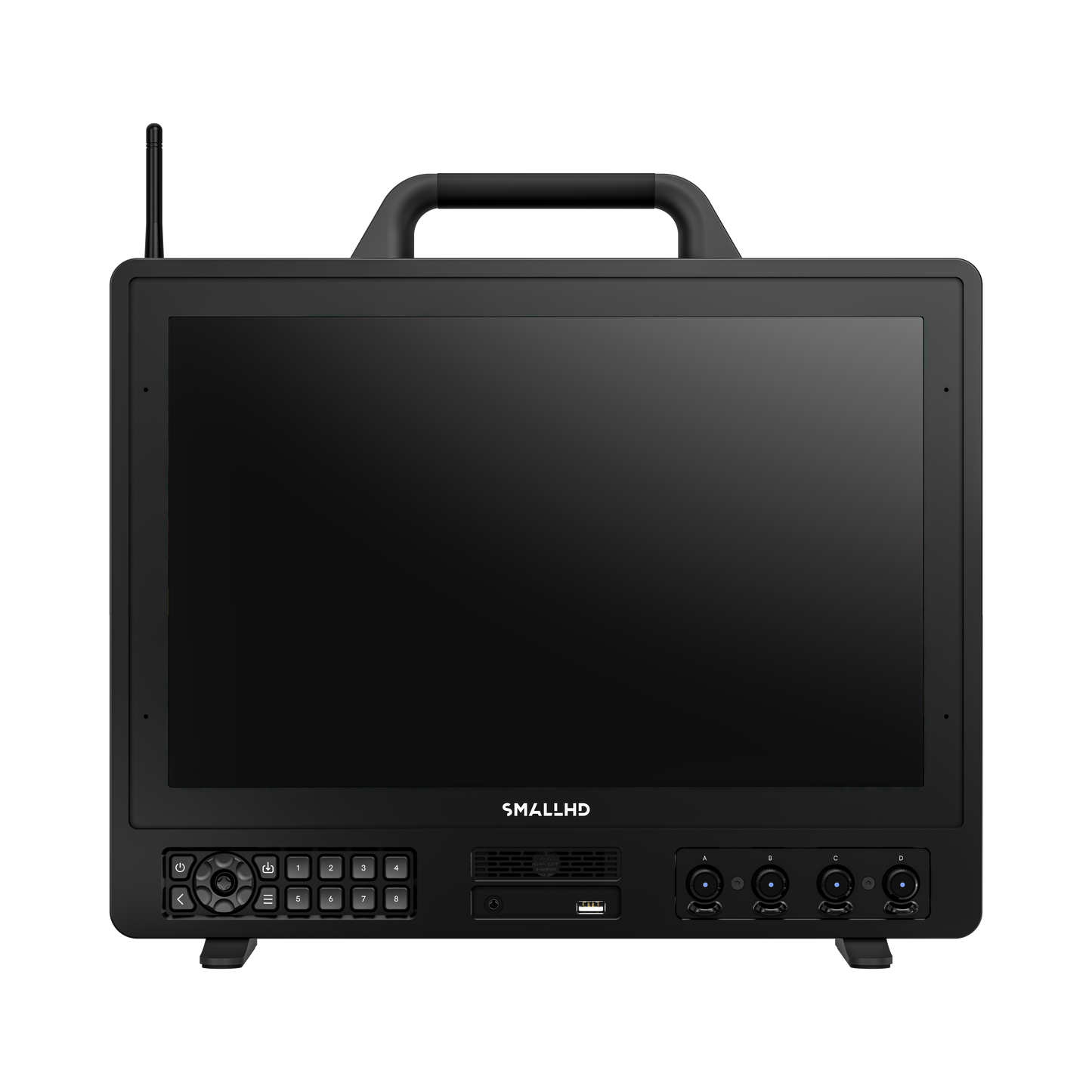 Black monitor with handle and control panel on a white background
