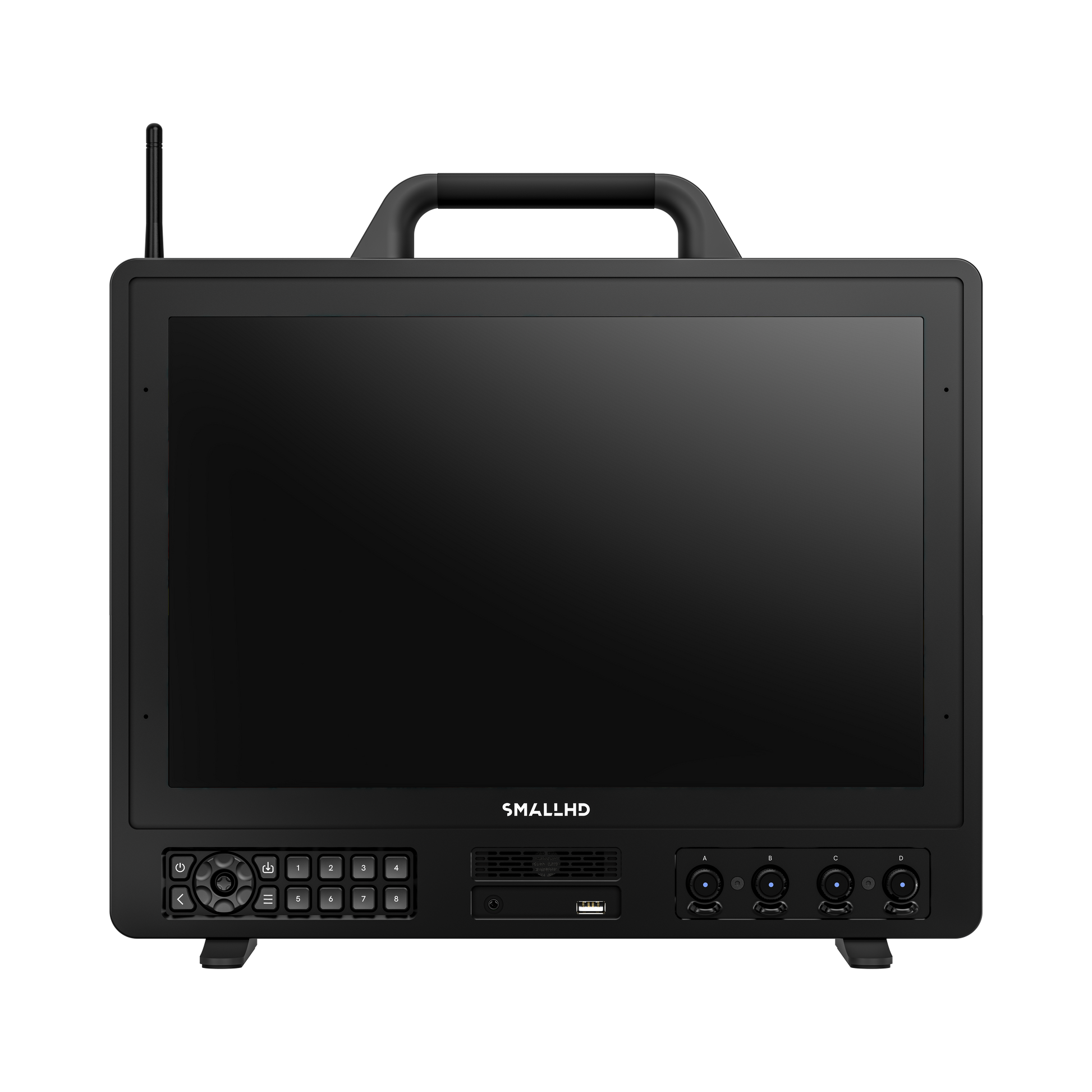 Black monitor with handle and control panel on a white background