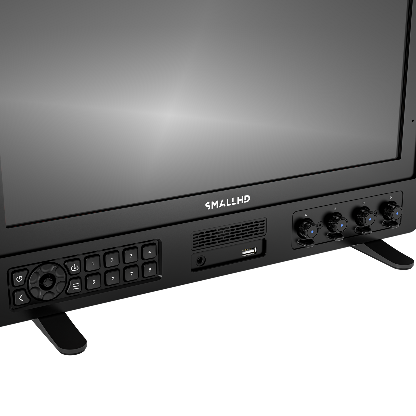 SmallHD monitor displaying colorful lanterns with control panel and buttons.
