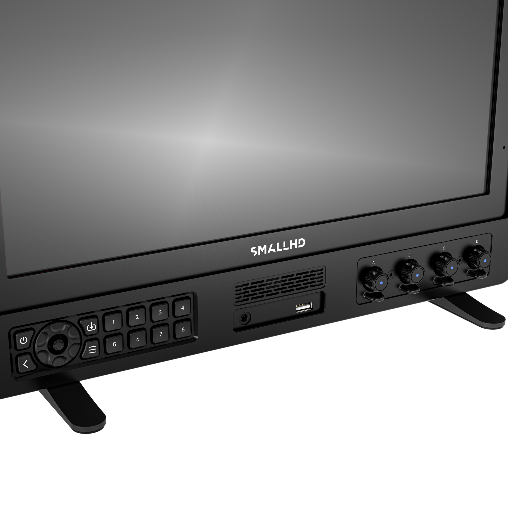 SmallHD monitor displaying colorful lanterns with control panel and buttons.