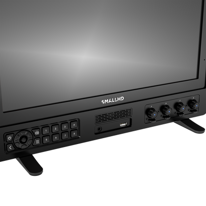 SmallHD monitor displaying colorful lanterns with control panel and buttons.
