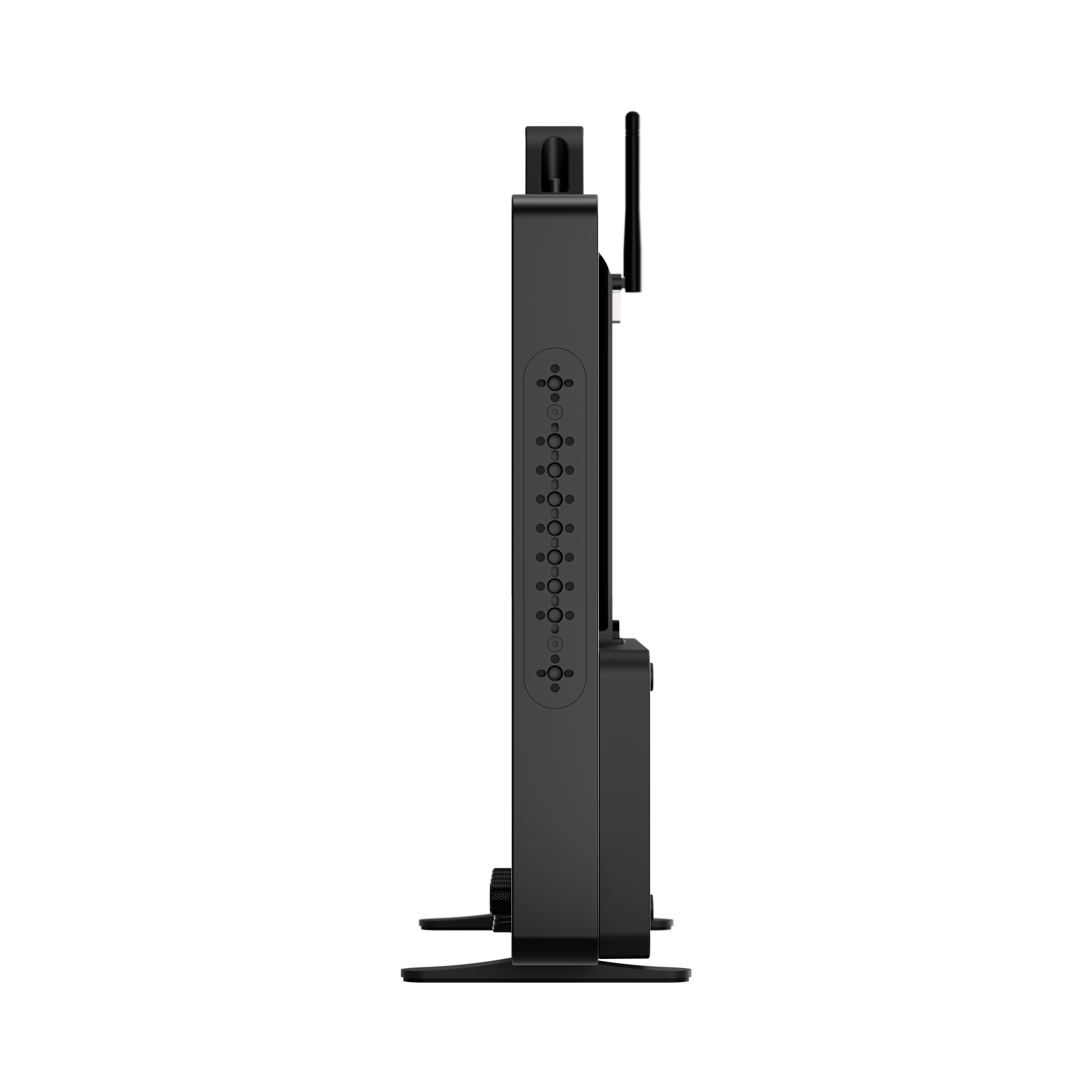 Black electronic device with multiple ports on a white background