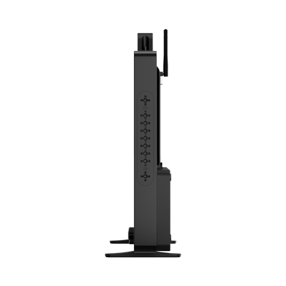 Black electronic device with multiple ports on a white background