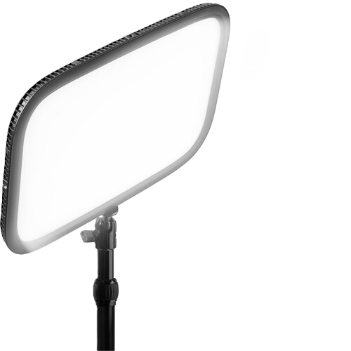 Flexible LED light panel on a stand with a white background