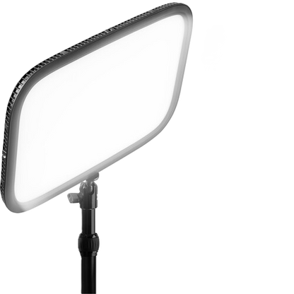 Flexible LED light panel on a stand with a white background