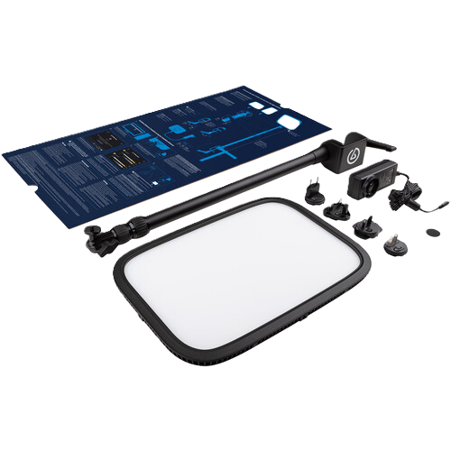 Lighting kit with blue panel, lamp, and accessories on a white background