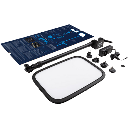 Lighting kit with blue panel, lamp, and accessories on a white background
