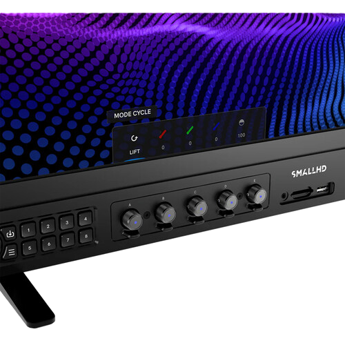 SmallHD monitor with LED display and control panel on a white background