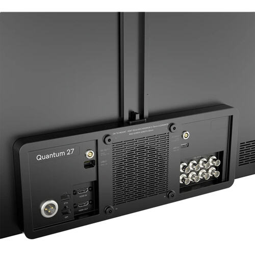 Back view of a Quantum 27 monitor with connectivity ports on a white background