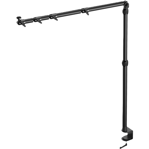 Black adjustable microphone stand on a white background