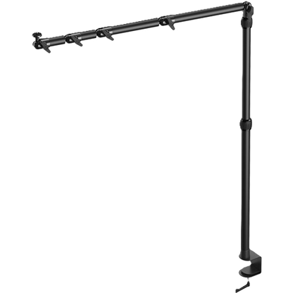 Black adjustable microphone stand on a white background