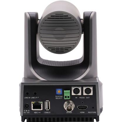 Back view of a professional PTZOptics PTZ camera or lighting equipment on a white background