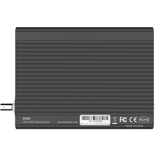 Black electronic device with text and certification logos on a white background