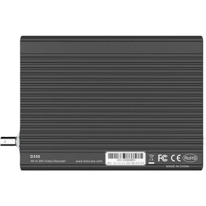 Black electronic device with text and certification logos on a white background