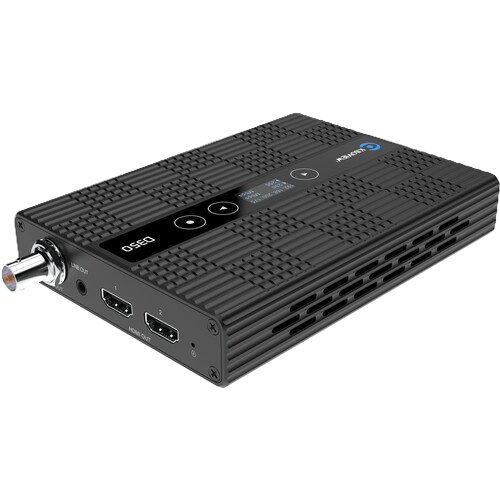 Black electronic device with multiple ports on a white background