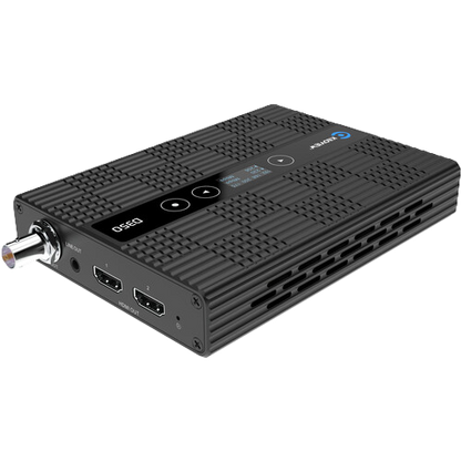 Black electronic device with multiple ports on a white background