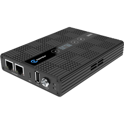 Black electronic device with multiple ports on a white background