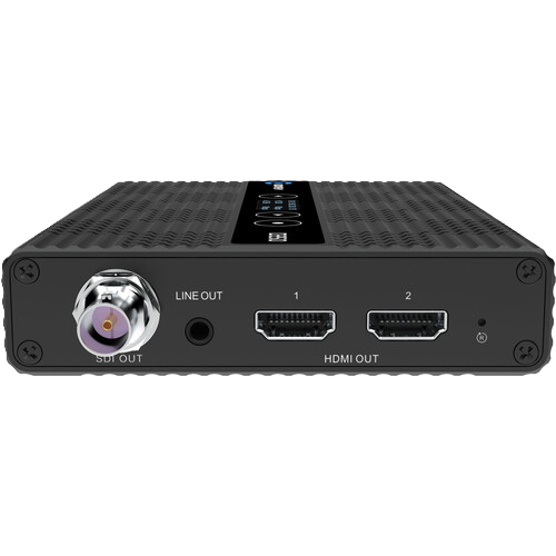 Back view of a black electronic device with ports on a white background