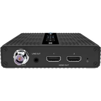 Back view of a black electronic device with ports on a white background