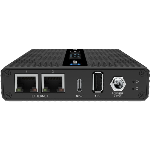 A black networking device with two Ethernet ports, a USB-C port, and a power port on the front, shown against a plain white background.