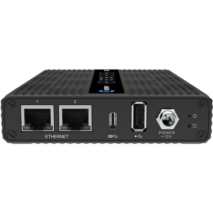 A black networking device with two Ethernet ports, a USB-C port, and a power port on the front, shown against a plain white background.