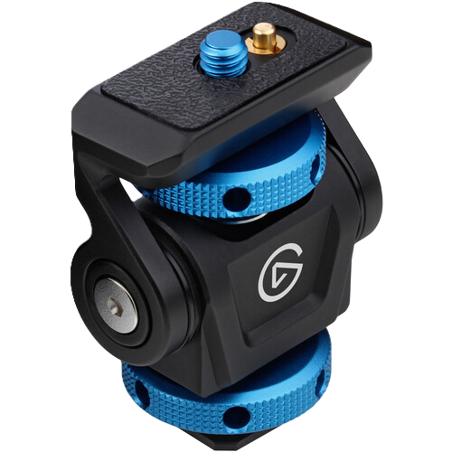Camera tripod head with blue and black design on a white background