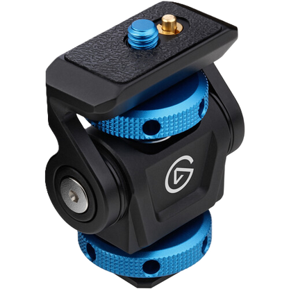 Camera tripod head with blue and black design on a white background