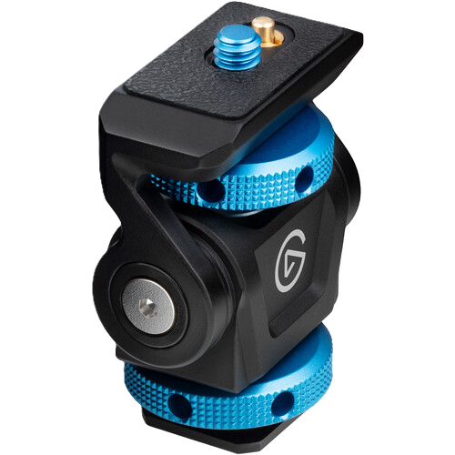 Camera tripod head with blue and black design on a white background