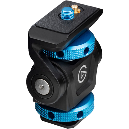 Camera tripod head with blue and black design on a white background