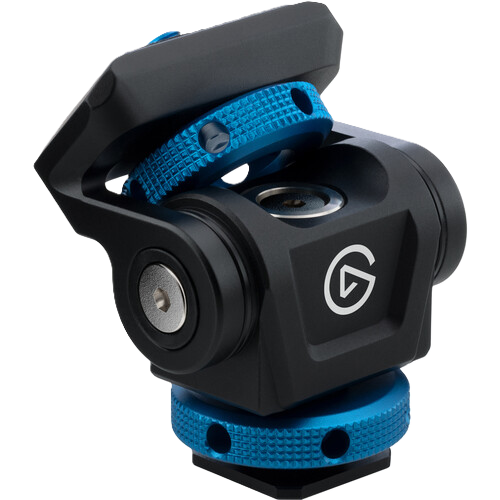 Camera gimbal with blue and black design on a white background