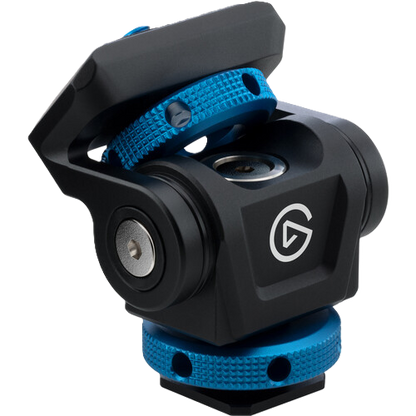Camera gimbal with blue and black design on a white background