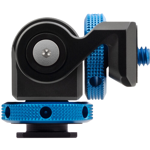 Camera pan/tilt mechanism with blue and black design on a white background