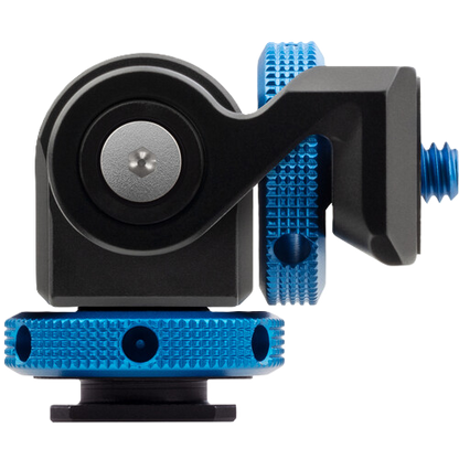Camera pan/tilt mechanism with blue and black design on a white background