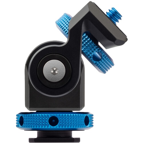 Camera mount with blue and black design on a white background