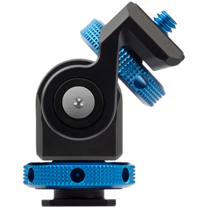 Camera mount with blue and black design on a white background