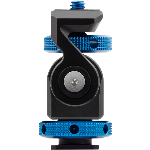 Camera mount with blue and black design on a white background
