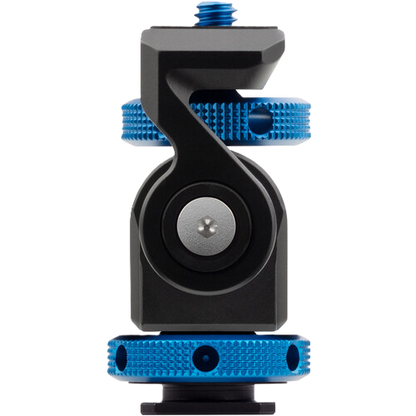 Camera mount with blue and black design on a white background