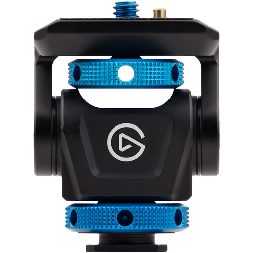 Camera lens with blue and black design on a white background