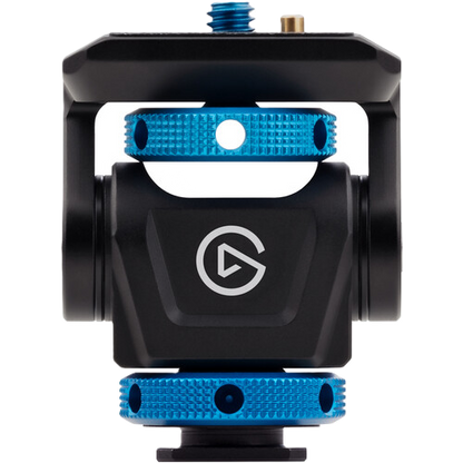 Camera lens with blue and black design on a white background