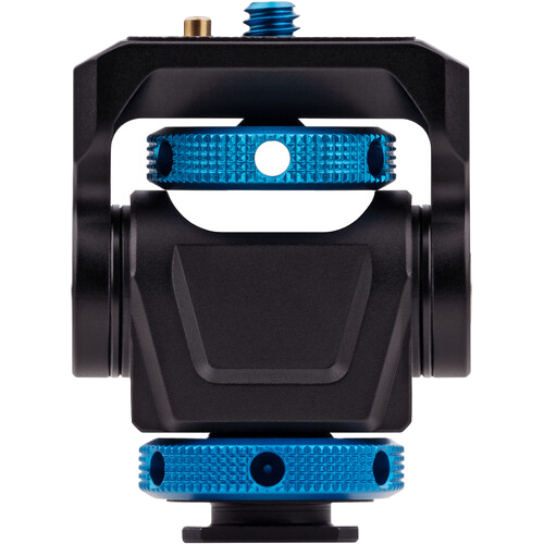 Camera lens or camera component with blue and black design on a white background