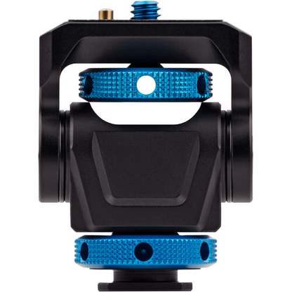 Camera lens or camera component with blue and black design on a white background