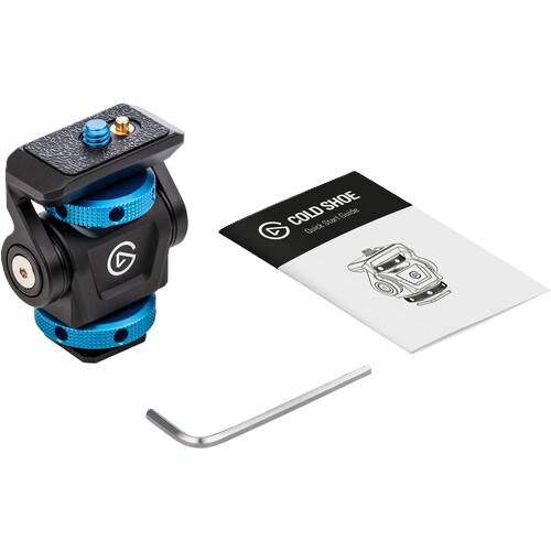 Camera cold shoe with blue accents, Allen wrench, and manual on a white background