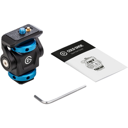 Camera cold shoe with blue accents, Allen wrench, and manual on a white background