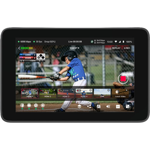 YoloLiv YoloBox Ultra Portable Multi-Camera Encoder / Switcher / Monitor / Recorder in One displaying a video of a baseball player in action with a sports app interface