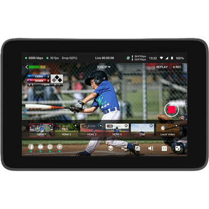 YoloLiv YoloBox Ultra Portable Multi-Camera Encoder / Switcher / Monitor / Recorder in One displaying a video of a baseball player in action with a sports app interface