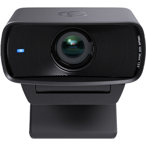 Black webcam with a blue light on a white background
