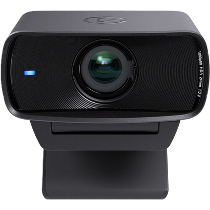 Black webcam with a blue light on a white background