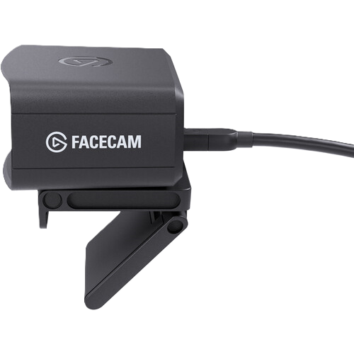 Black Facecam device with a cable on a white background