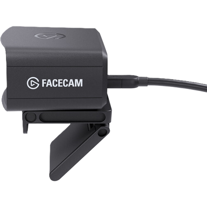 Black Facecam device with a cable on a white background